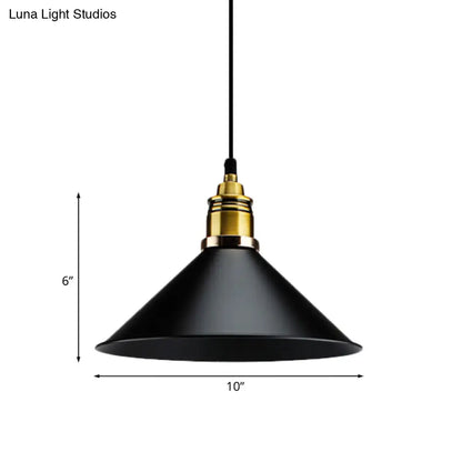 Black Metallic Cone Shade Ceiling Light - Loft Style 1 Head Kitchen Pendant Lamp (10"/14" Wide)