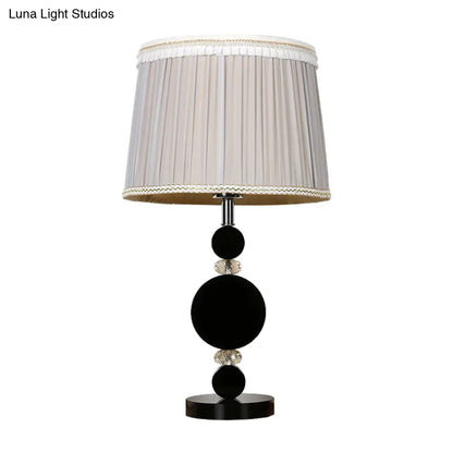 Black Minimalist Bedroom Table Light with Pleated Lampshade, Beveled Crystal, and 1-Bulb Night Lighting