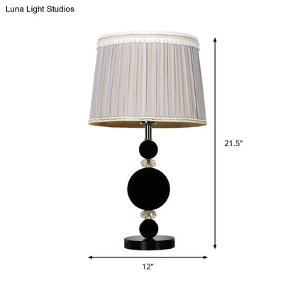 Black Minimalist Bedroom Table Light with Pleated Lampshade, Beveled Crystal, and 1-Bulb Night Lighting