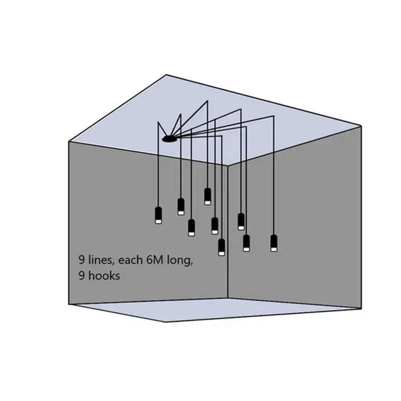 Black minimalist led wall lamp with nine 6 meter long black hanging hooks arranged symmetrically from ceiling mount