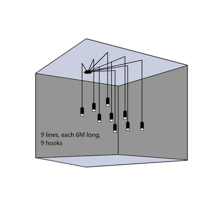 Black minimalist led wall lamp with nine 6 meter long black hanging hooks arranged symmetrically from ceiling mount