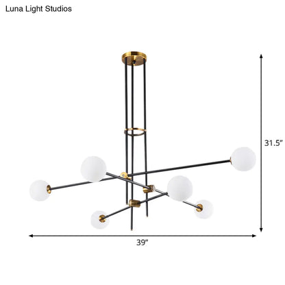 Black Modern 3-Arm Chandelier with Glass Shades - 6 Bulb Ceiling Pendant