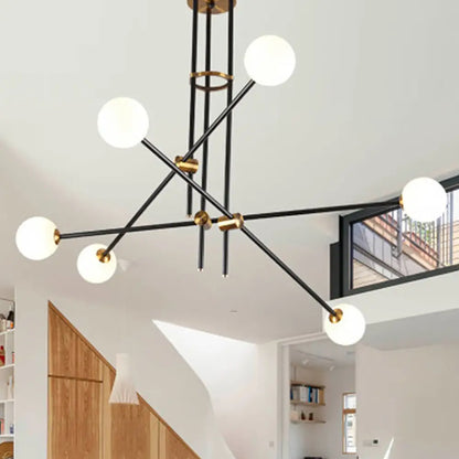 Black Modern 3-Arm Chandelier with Glass Shades - 6 Bulb Ceiling Pendant