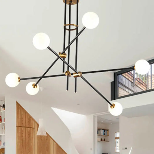 Black Modern 3-Arm Chandelier with Glass Shades - 6 Bulb Ceiling Pendant