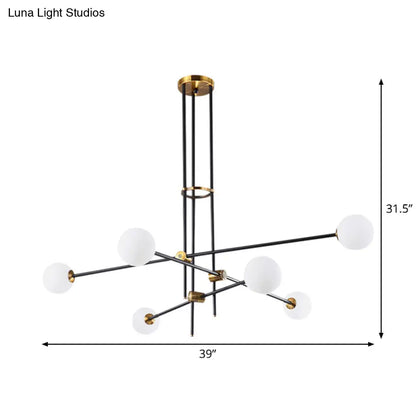 Black Modern 3-Arm Chandelier with Glass Shades - 6 Bulb Ceiling Pendant