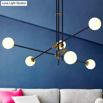 Black Modern 3-Arm Chandelier with Glass Shades - 6 Bulb Ceiling Pendant