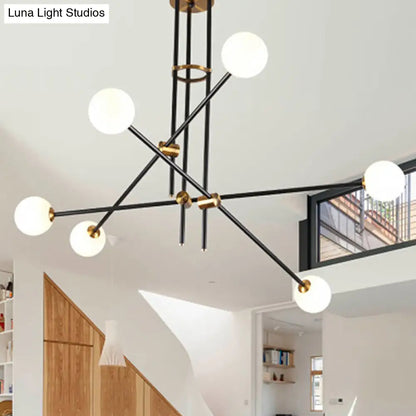 Black Modern 3-Arm Chandelier with Glass Shades - 6 Bulb Ceiling Pendant
