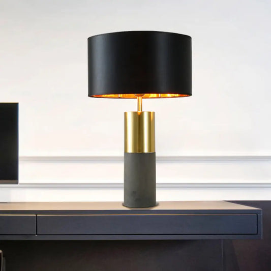 Black Modernism Small Desk Lamp with Cement Base: Shaded Task Lighting Fabric & 1 Head