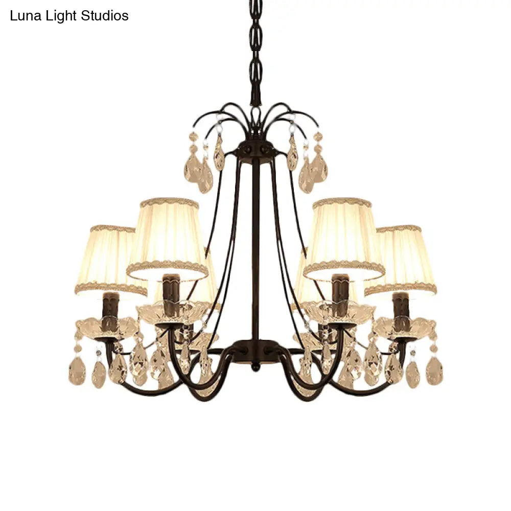 Black Modernist Cone Hanging Chandelier - Fabric 5/6/8 Bulbs - Restaurant Down Lighting with Crystal Drops