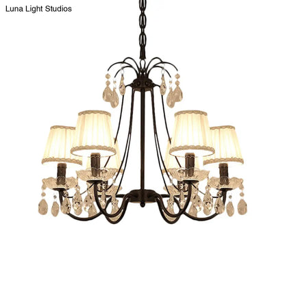 Black Modernist Cone Hanging Chandelier - Fabric 5/6/8 Bulbs - Restaurant Down Lighting with Crystal Drops