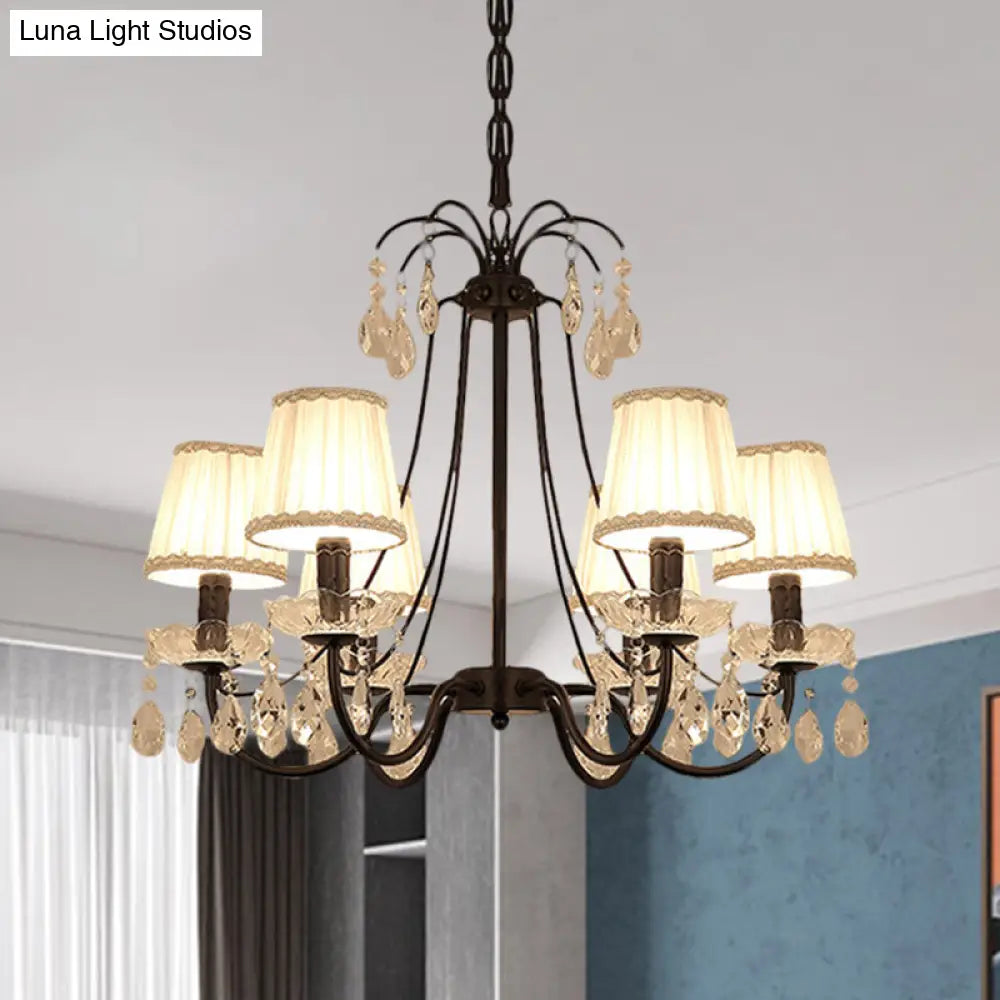 Black Modernist Cone Hanging Chandelier - Fabric 5/6/8 Bulbs - Restaurant Down Lighting with Crystal Drops