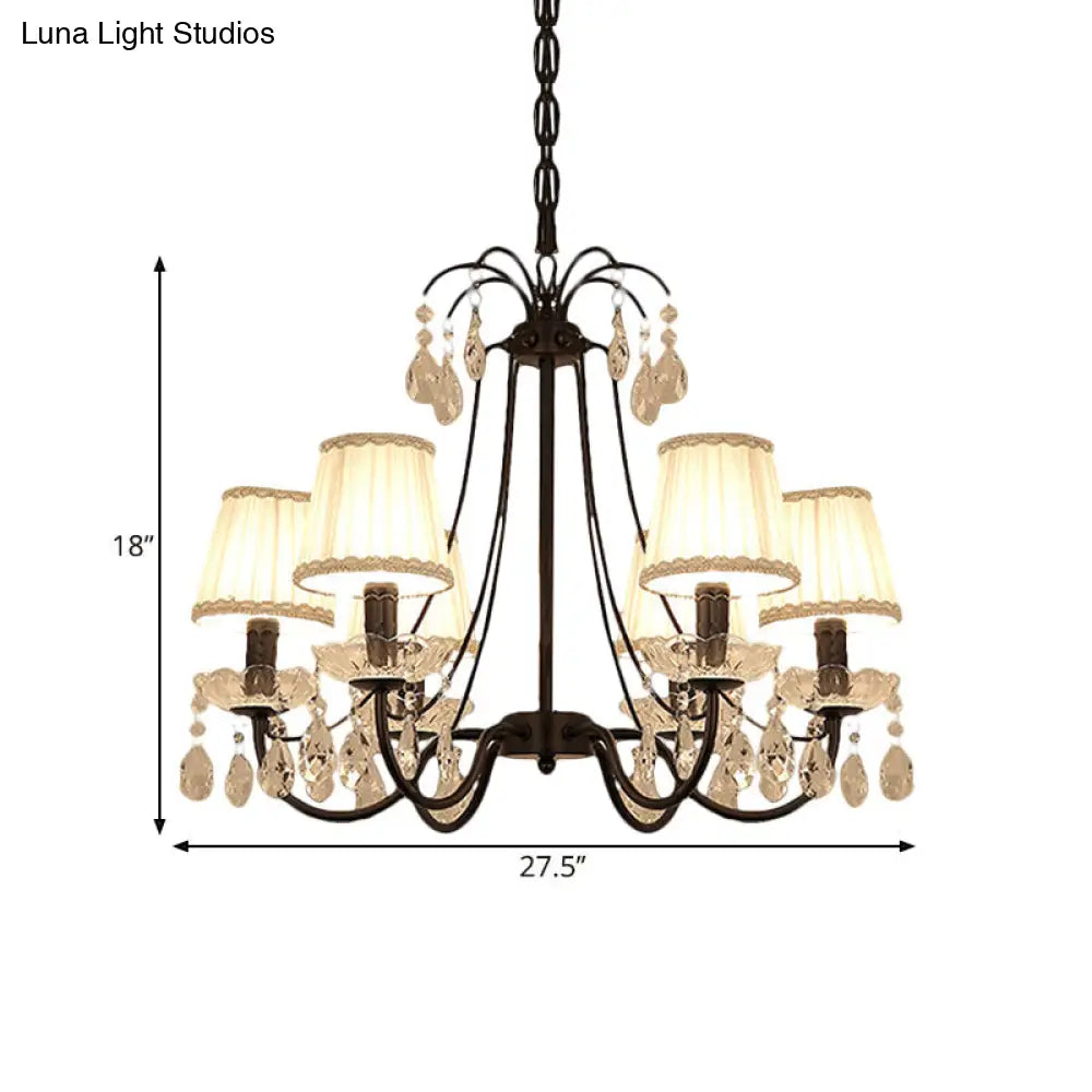 Black Modernist Cone Hanging Chandelier - Fabric 5/6/8 Bulbs - Restaurant Down Lighting with Crystal Drops