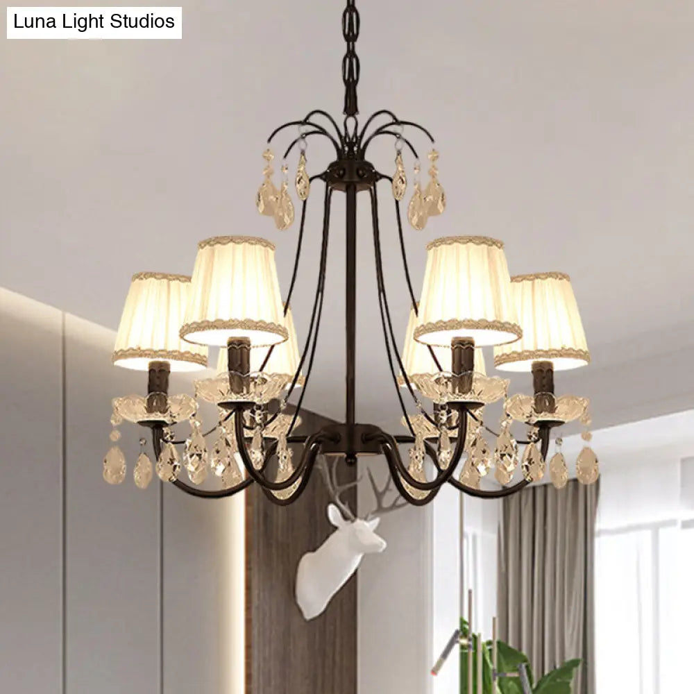 Black Modernist Cone Hanging Chandelier - Fabric 5/6/8 Bulbs - Restaurant Down Lighting with Crystal Drops