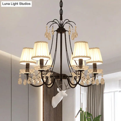 Black Modernist Cone Hanging Chandelier - Fabric 5/6/8 Bulbs - Restaurant Down Lighting with Crystal Drops