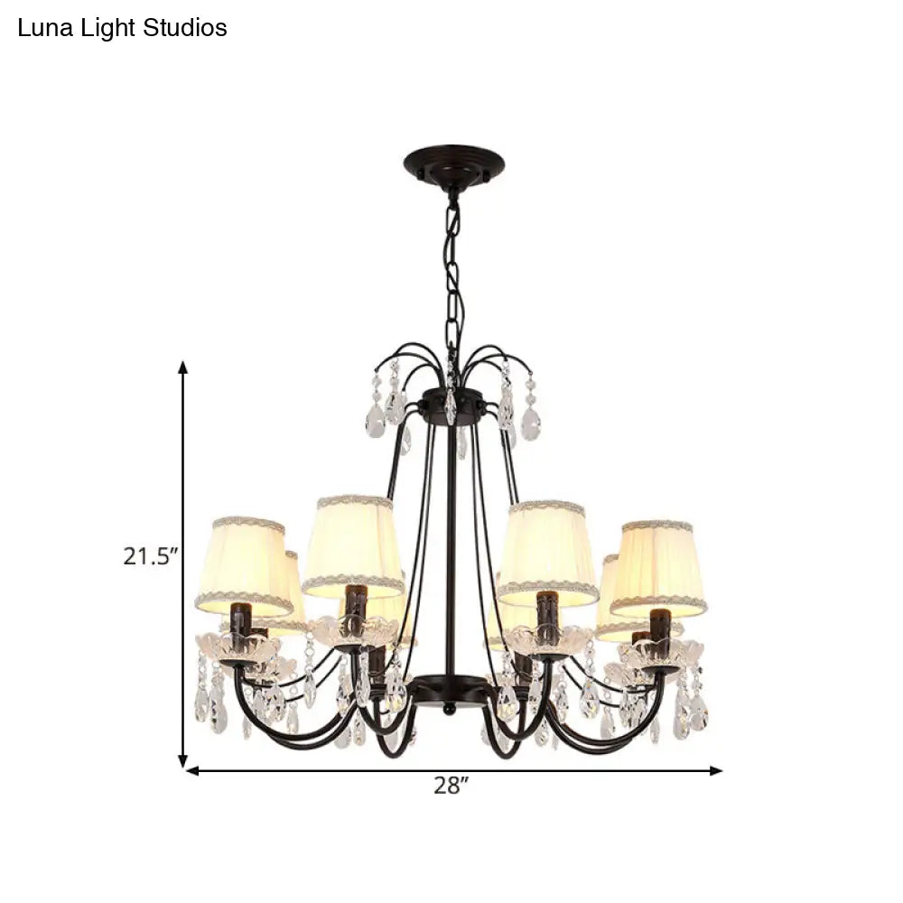 Black Modernist Cone Hanging Chandelier - Fabric 5/6/8 Bulbs - Restaurant Down Lighting with Crystal Drops