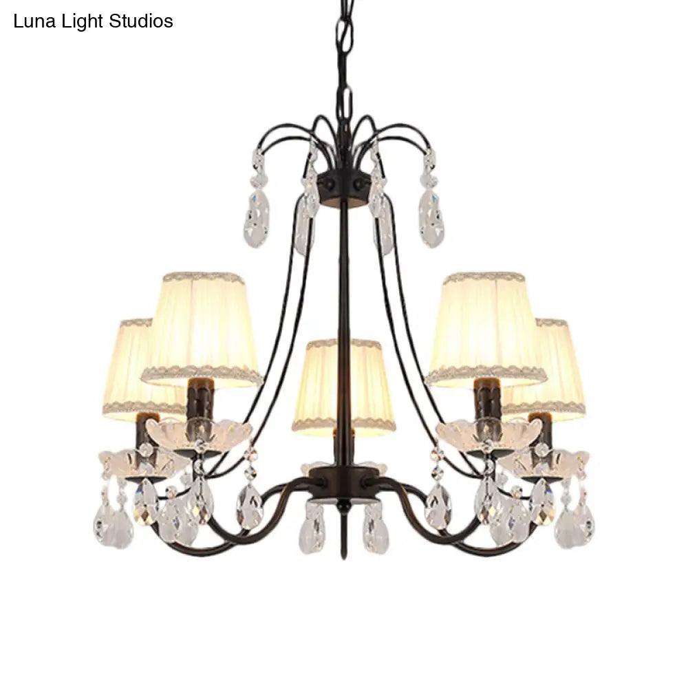 Black Modernist Cone Hanging Chandelier - Fabric 5/6/8 Bulbs - Restaurant Down Lighting with Crystal Drops