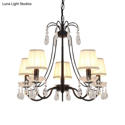 Black Modernist Cone Hanging Chandelier - Fabric 5/6/8 Bulbs - Restaurant Down Lighting with Crystal Drops