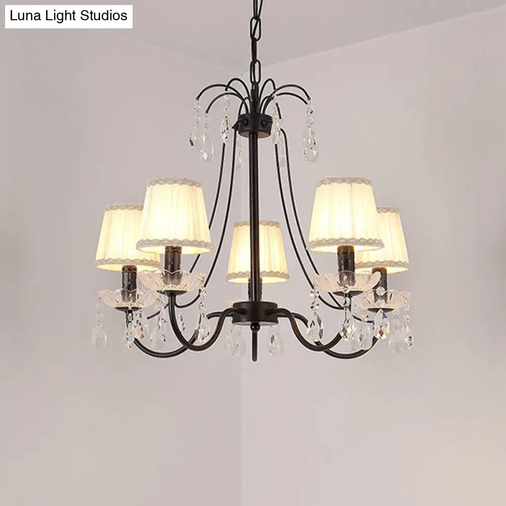 Black Modernist Cone Hanging Chandelier - Fabric 5/6/8 Bulbs - Restaurant Down Lighting with Crystal Drops