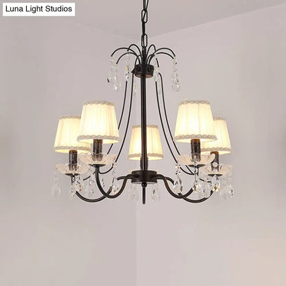 Black Modernist Cone Hanging Chandelier - Fabric 5/6/8 Bulbs - Restaurant Down Lighting with Crystal Drops