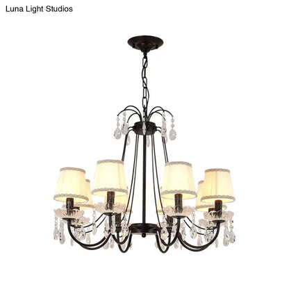 Black Modernist Cone Hanging Chandelier - Fabric 5/6/8 Bulbs - Restaurant Down Lighting with Crystal Drops