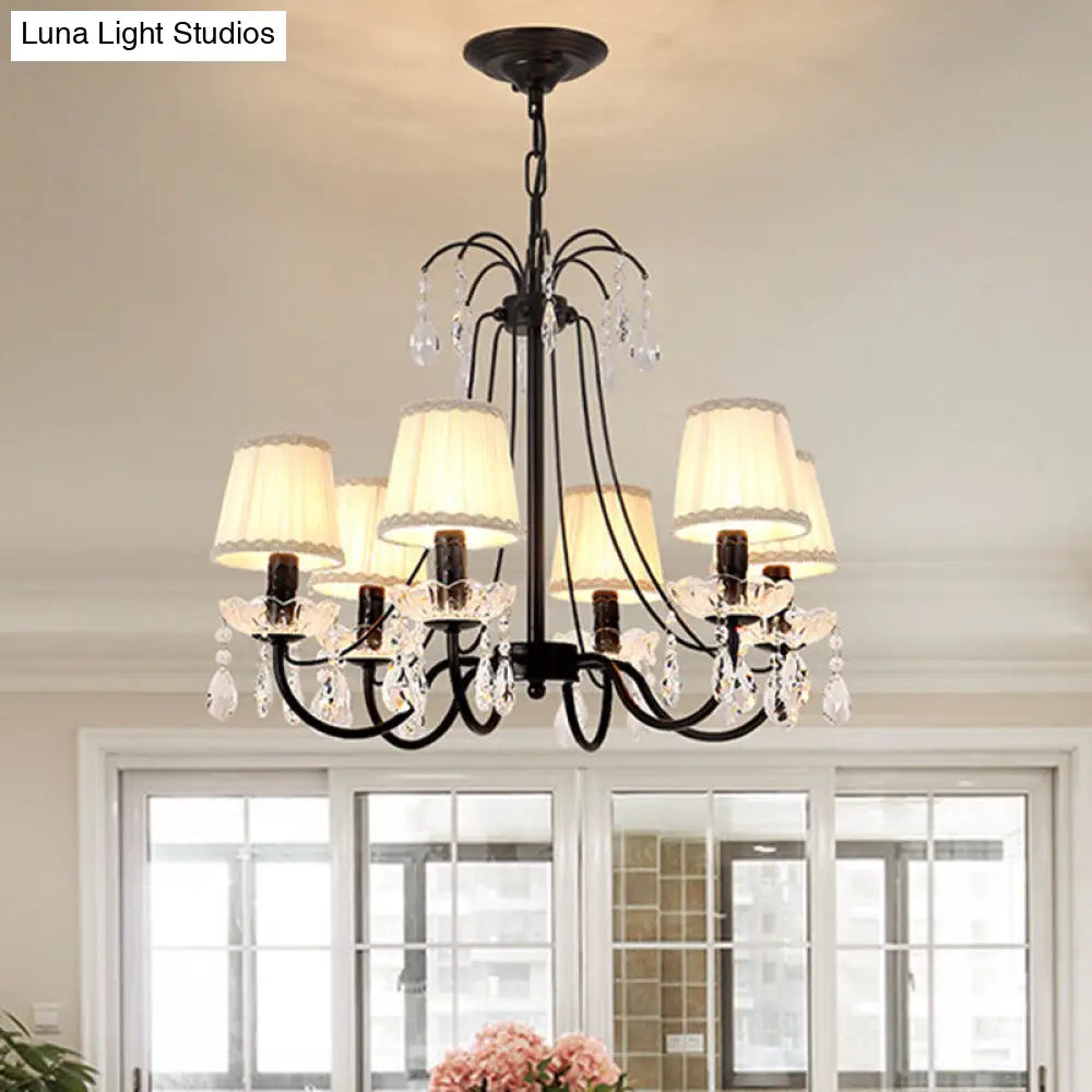Black Modernist Cone Hanging Chandelier - Fabric 5/6/8 Bulbs - Restaurant Down Lighting with Crystal Drops
