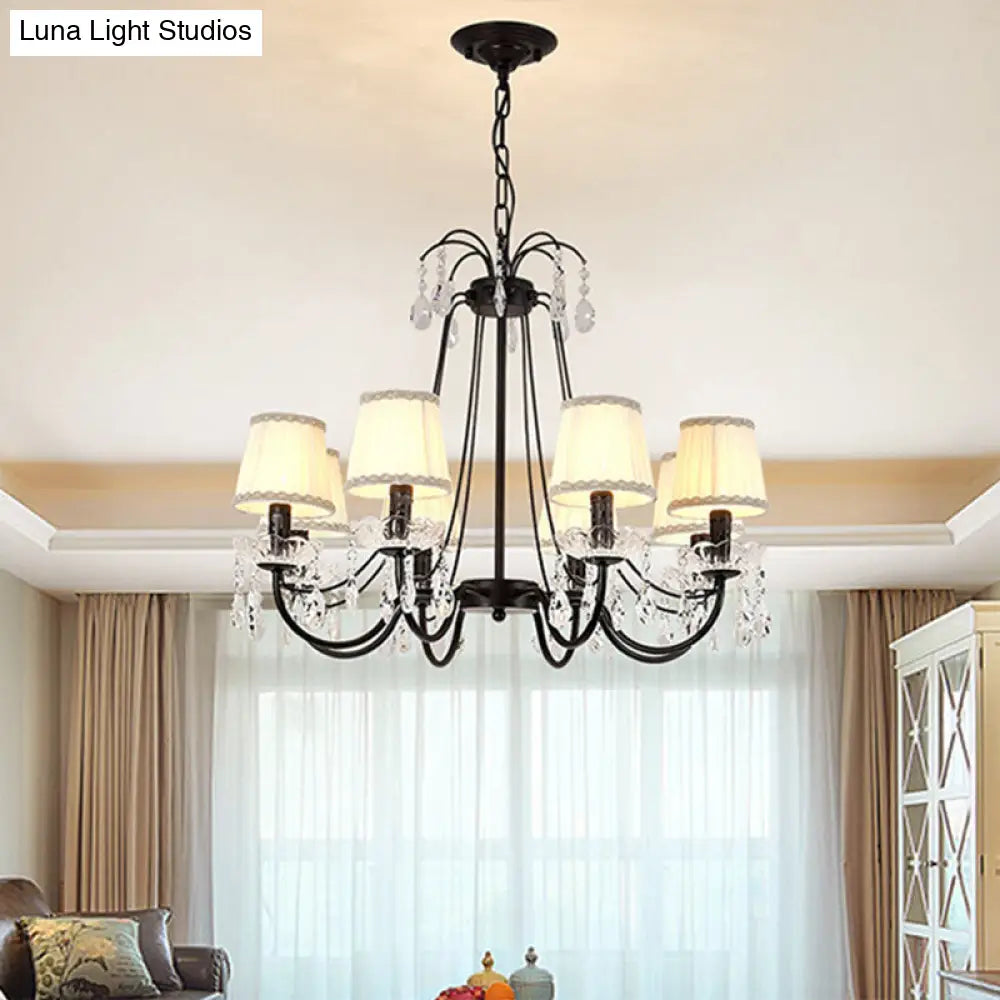 Black Modernist Cone Hanging Chandelier - Fabric 5/6/8 Bulbs - Restaurant Down Lighting with Crystal Drops