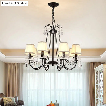 Black Modernist Cone Hanging Chandelier - Fabric 5/6/8 Bulbs - Restaurant Down Lighting with Crystal Drops