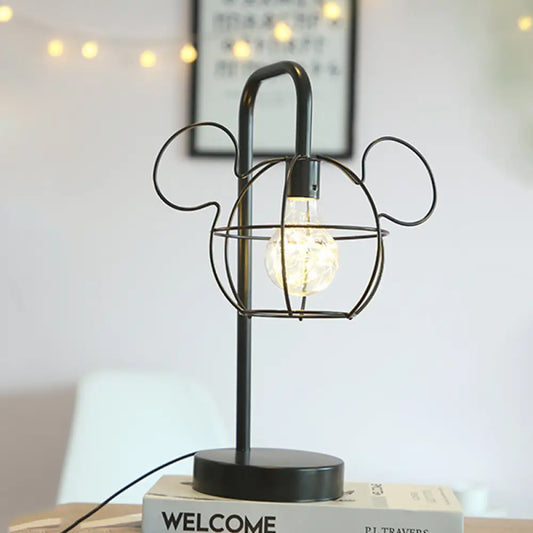 Black Mouse Head LED Nightstand Lamp for Kids with Adjustable Gooseneck Arm and Cage Design