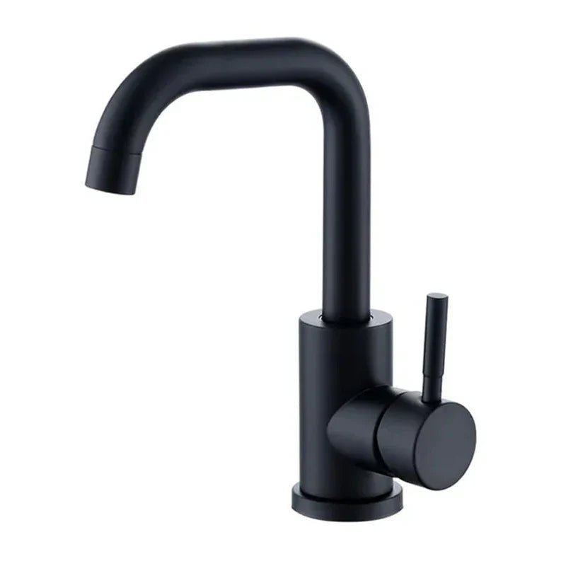 Black matte-finish single hole kitchen faucet with curved spout and stainless steel housing material, 360 rotation