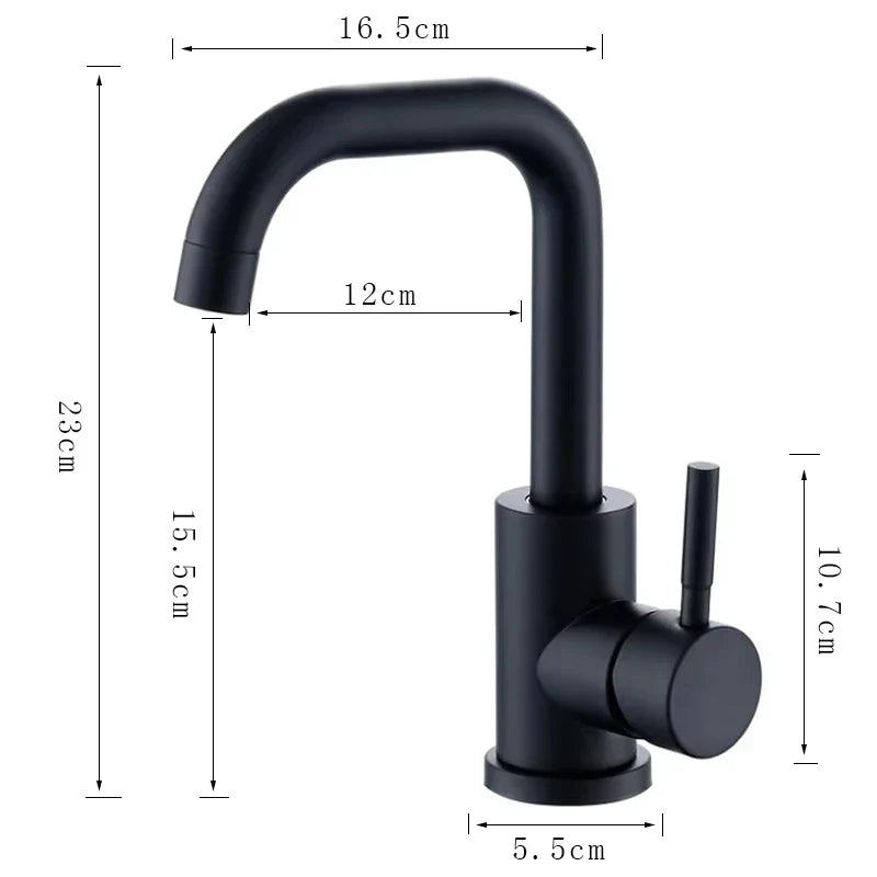 Black matte single handle kitchen faucet with curved spout and cylindrical base made of stainless steel for single hole installation