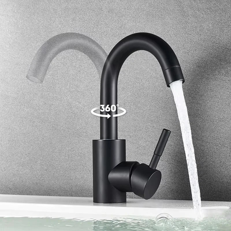 Black nickel bathroom basin faucet with stainless steel housing material single hole design and 360-degree swivel spout