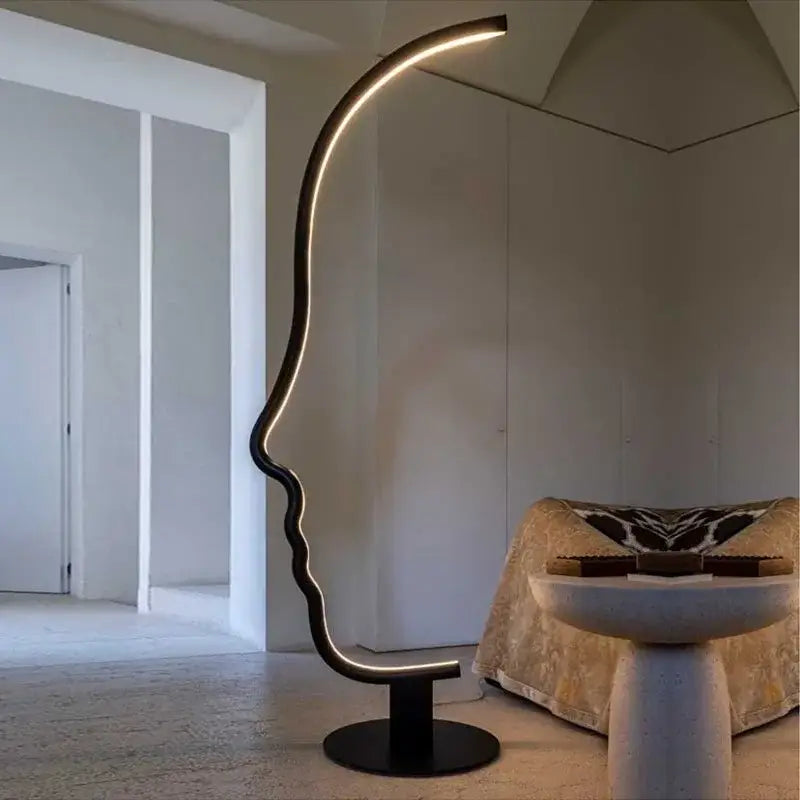 Black nordic human face floor lamp with illuminated led light strip for living room decorbites black nordic design