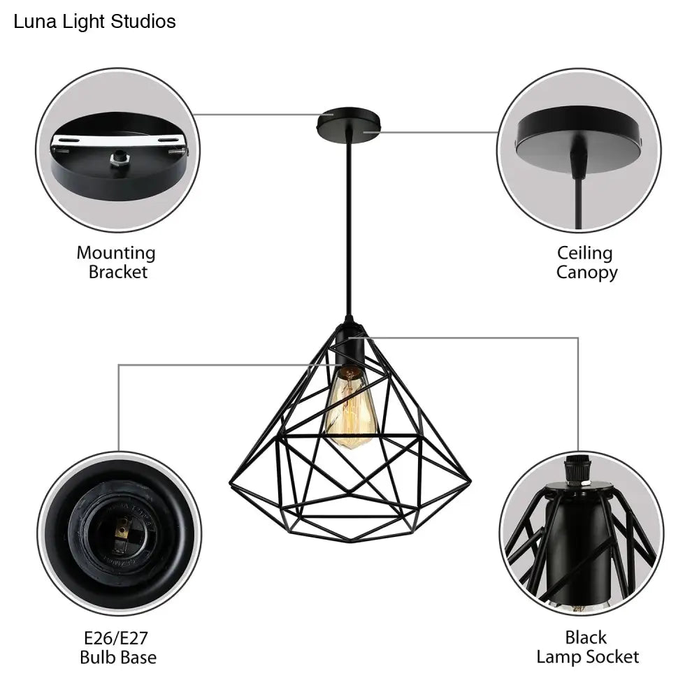 Black Open Cage Metallic Pendant Light for Retro Loft Dining Rooms