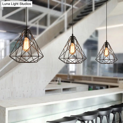 Black Open Cage Metallic Pendant Light for Retro Loft Dining Rooms