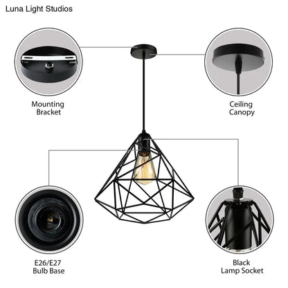 Black Open Cage Metallic Pendant Light for Retro Loft Dining Rooms