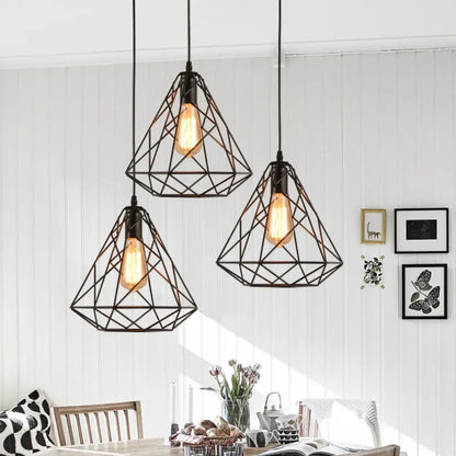 Black Open Cage Metallic Pendant Light for Retro Loft Dining Rooms