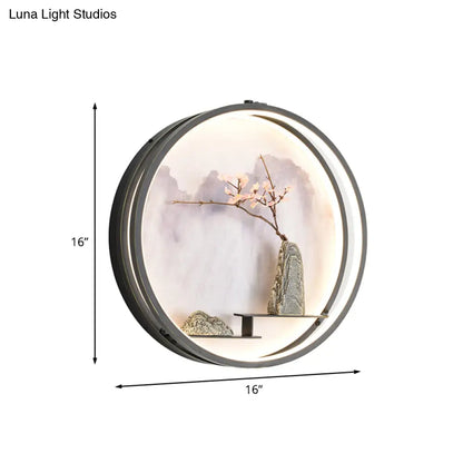 Lámpara de pared LED de metal negro de estilo oriental con diseño de montaña y flores