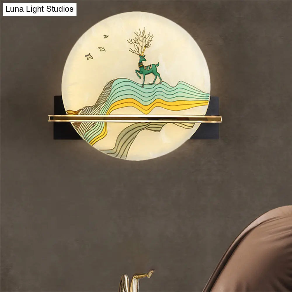Aplique de pared LED de estilo oriental negro con diseño de ciervo/pez - Superficie acrílica, diseño redondeado