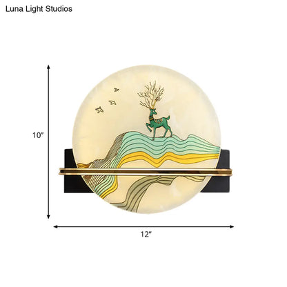 Aplique de pared LED de estilo oriental negro con diseño de ciervo/pez - Superficie acrílica, diseño redondeado