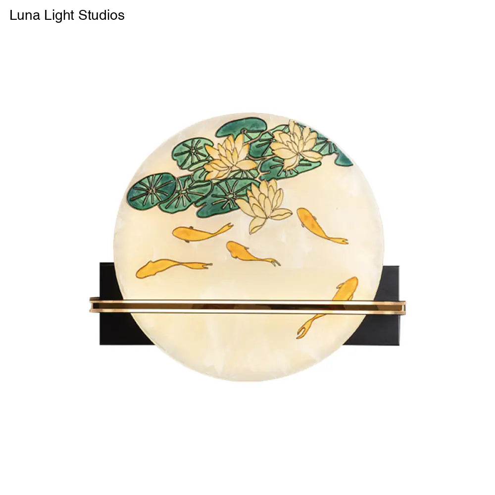 Aplique de pared LED de estilo oriental negro con diseño de ciervo/pez - Superficie acrílica, diseño redondeado