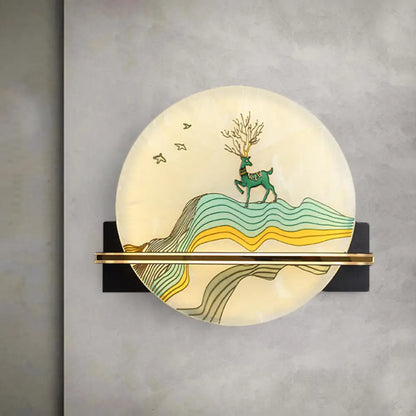 Aplique de pared LED de estilo oriental negro con diseño de ciervo/pez - Superficie acrílica, diseño redondeado