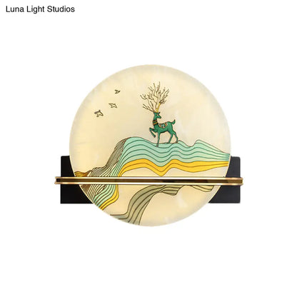 Aplique de pared LED de estilo oriental negro con diseño de ciervo/pez - Superficie acrílica, diseño redondeado