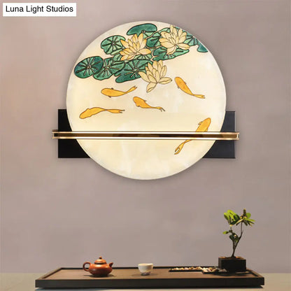 Aplique de pared LED de estilo oriental negro con diseño de ciervo/pez - Superficie acrílica, diseño redondeado
