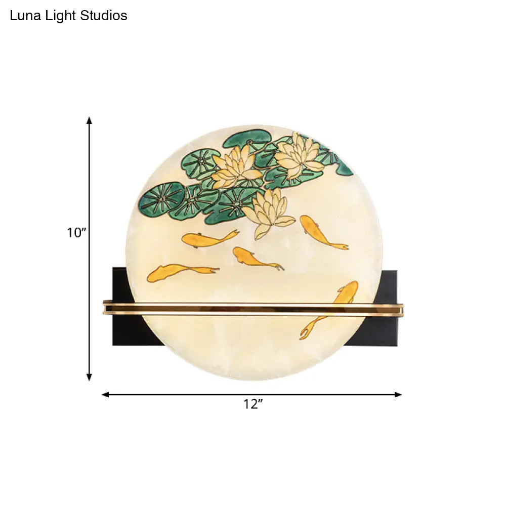 Aplique de pared LED de estilo oriental negro con diseño de ciervo/pez - Superficie acrílica, diseño redondeado