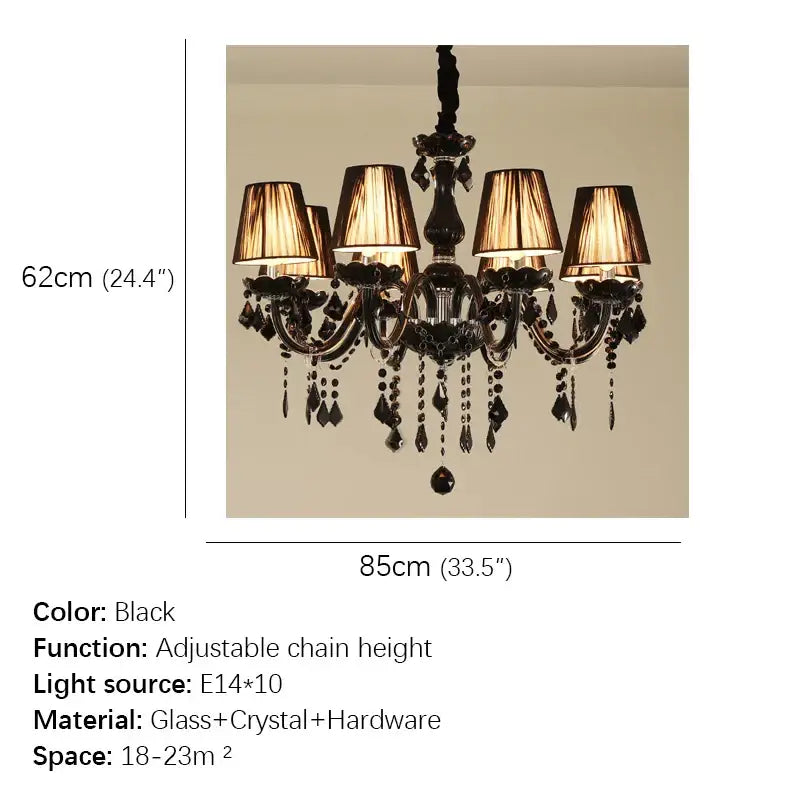 Elegant black ornate decorbites crystal pendant chandelier with glass and crystal accents and six warm lampshades for living room
