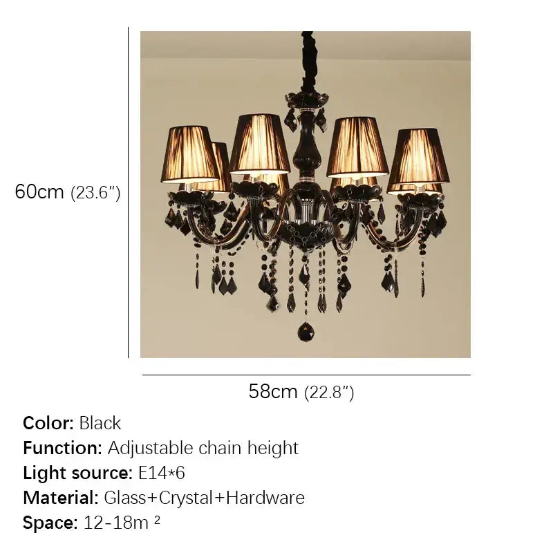 Elegant black ornate decorbites crystal pendant chandelier with glass and crystal accents and six warm lampshades for living room