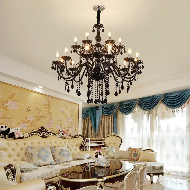 Black ornate decorbites crystal pendant chandelier with intricate metal arms and teardrop crystals for living room decor