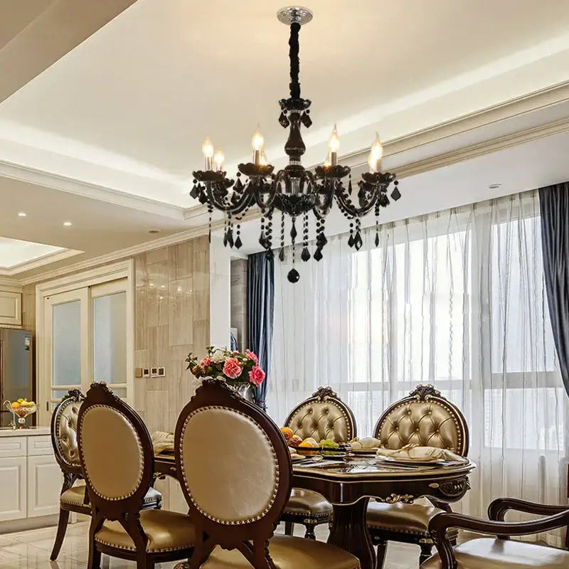 Black ornate crystal pendant chandelier for living room featuring black crystal pendant and intricate metalwork by decorbites crystal