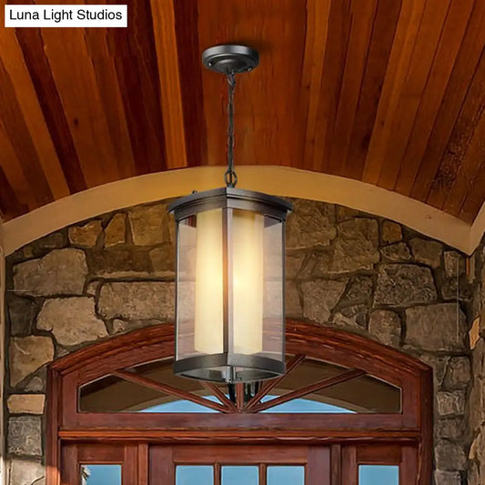 Black Outdoor Pendant Light with Double Glass Shade for Courtyard - 1 Light - Various Widths