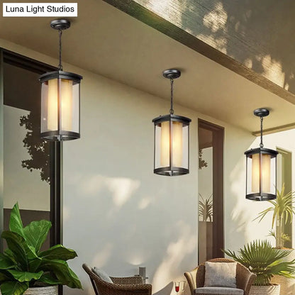 Black Outdoor Pendant Light with Double Glass Shade for Courtyard - 1 Light - Various Widths